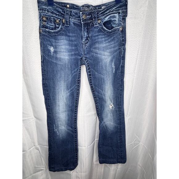 Miss Me Jeans Sz 28 Boot Straight Distressed Stretch Sequined Studs Embroidered - Picture 1 of 13